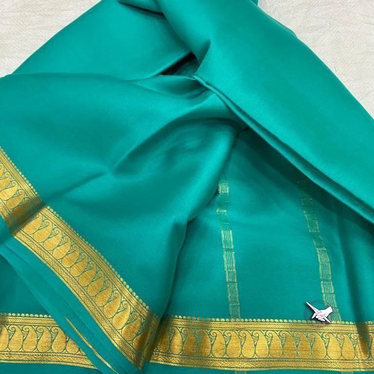 Sky Blue Soft Crepe Silk Saree Pure Mysore Weave Plain Body And Designer Blouse