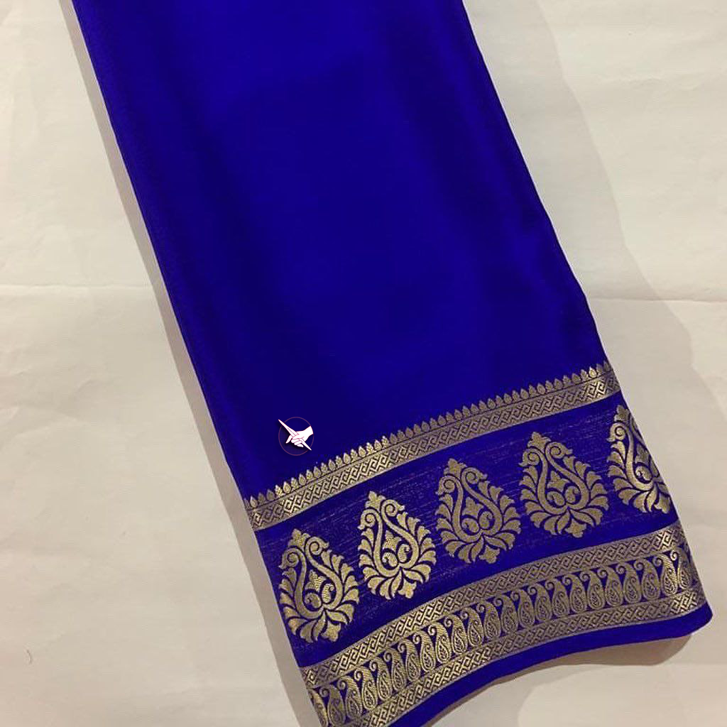 Gold Zari Lace Border Mysore Pure Silk Saree Blue With Self Blouse Material