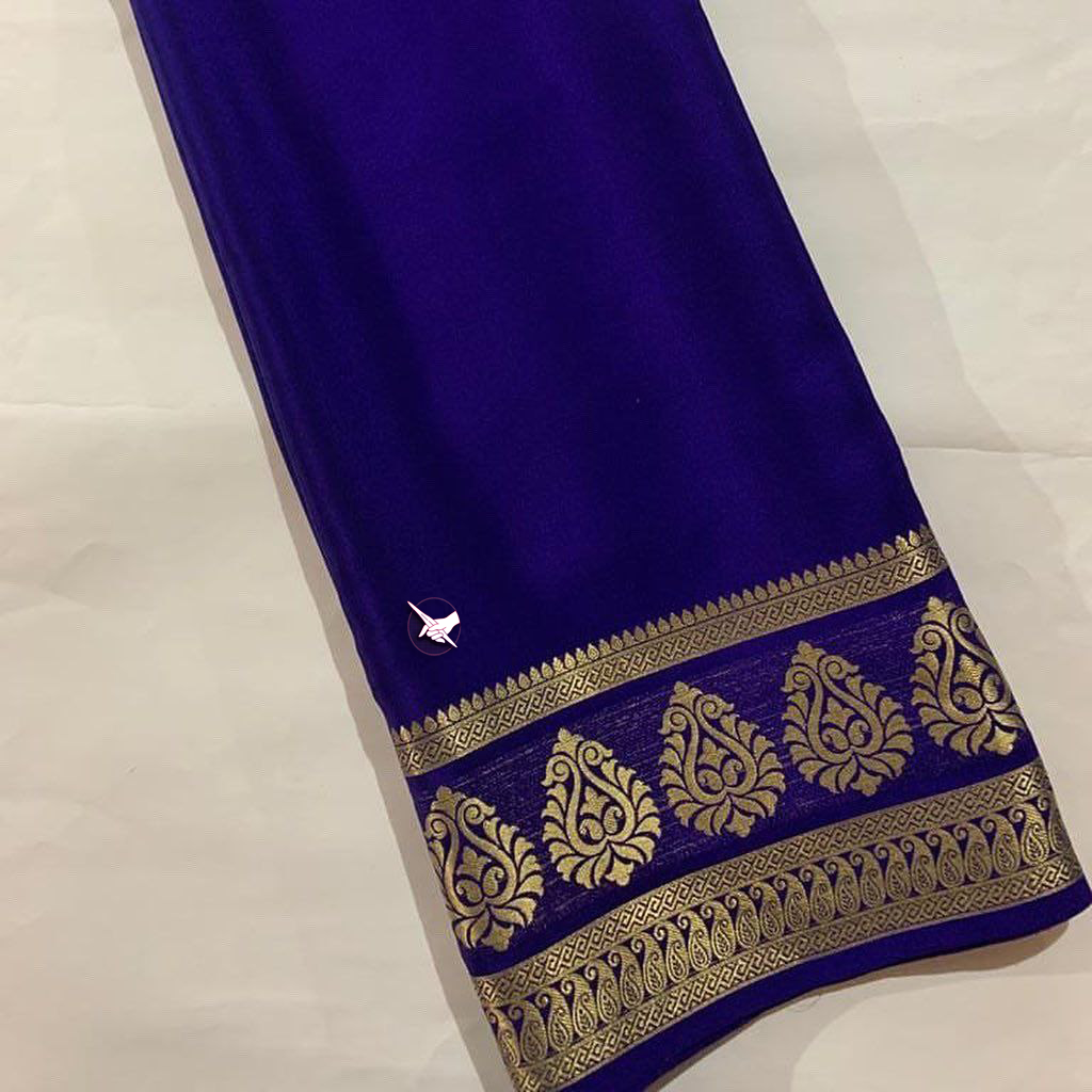 Blue Pure Silk Saree From Mysore Shimmering Gold Lace Border And Blouse Fabric