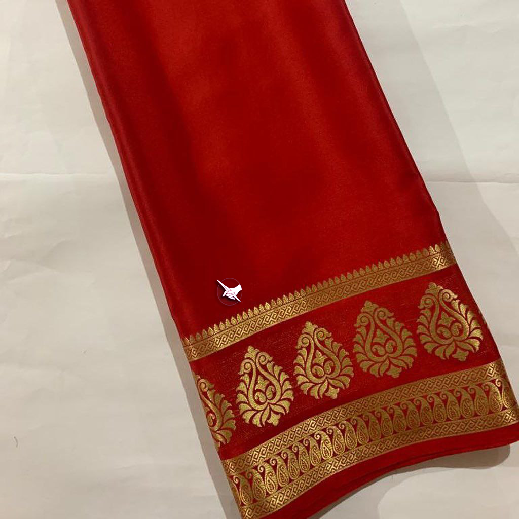 Self Blouse Mysore Silk Saree Orange Gold Lace Zari Highlight On Pure Silk Base
