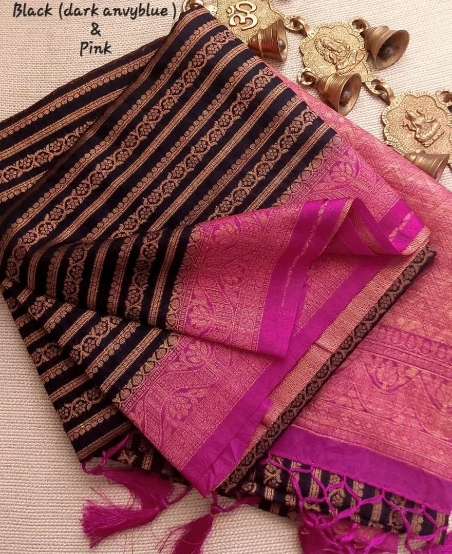 Stylish Pink And Black Kubera Pattu Silk Saree With Soft Texture And Dual-Tone Contrast Pallu