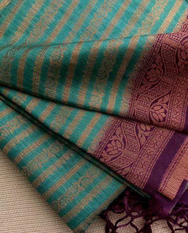 Luxury Green And Purple Kubera Pattu Saree In Soft Silk Fabric With Contrasting Elegance