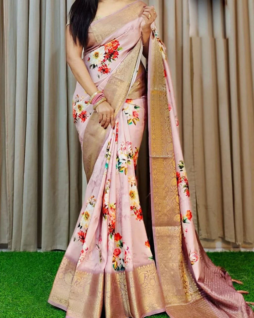 Elegant Floral Digital Printed Soft Silk Saree In Traditional Handloom Weave
