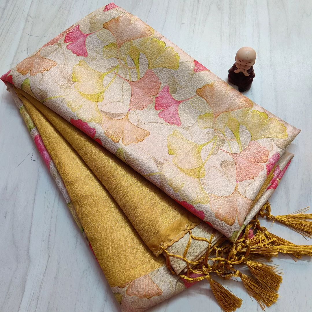 Breathable Yellow Soft Silk Saree Floral Digital Print Style