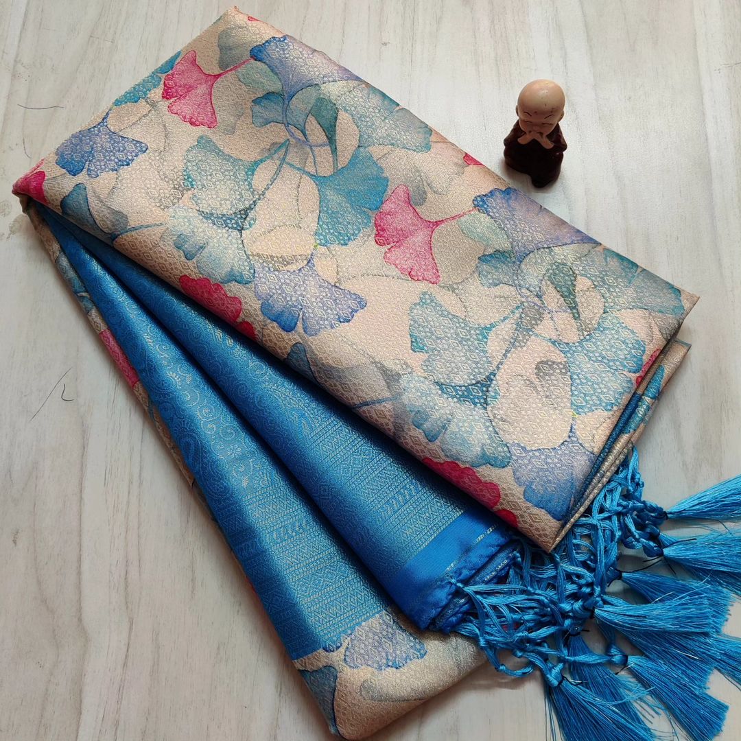Timeless Light Blue Soft Silk Saree With Ethnic Digital Print