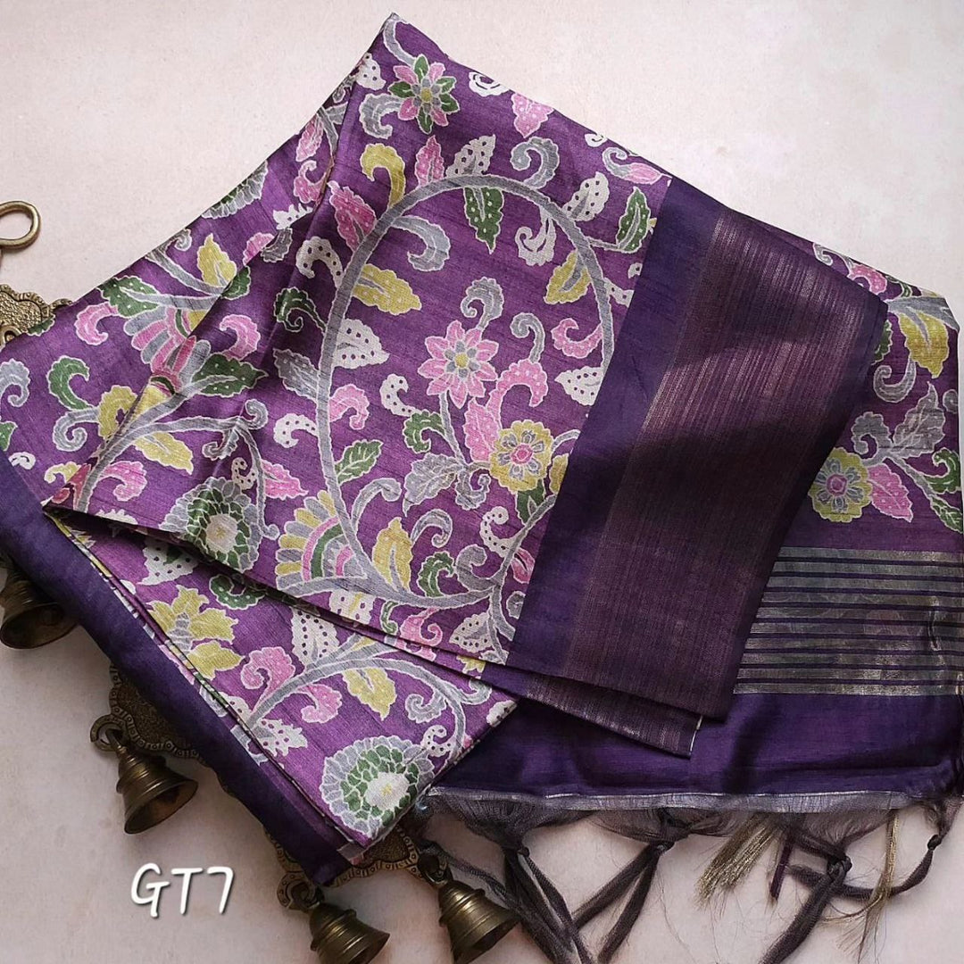 Luxury Handloom Soft Silk Saree With Kalamkari Patterns And Assam Pattu Border