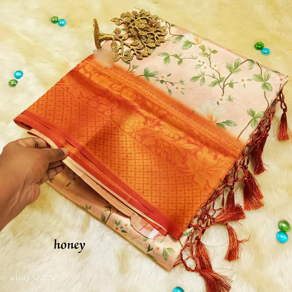 Trendy Orange And Bronze Soft Silk Kubera Pattu Saree With Contemporary Digital Prints