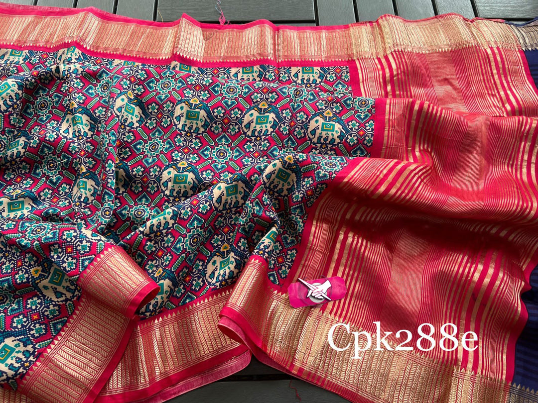 💕Tusser soft silk sarees with allover patola digital printed with zari border💕