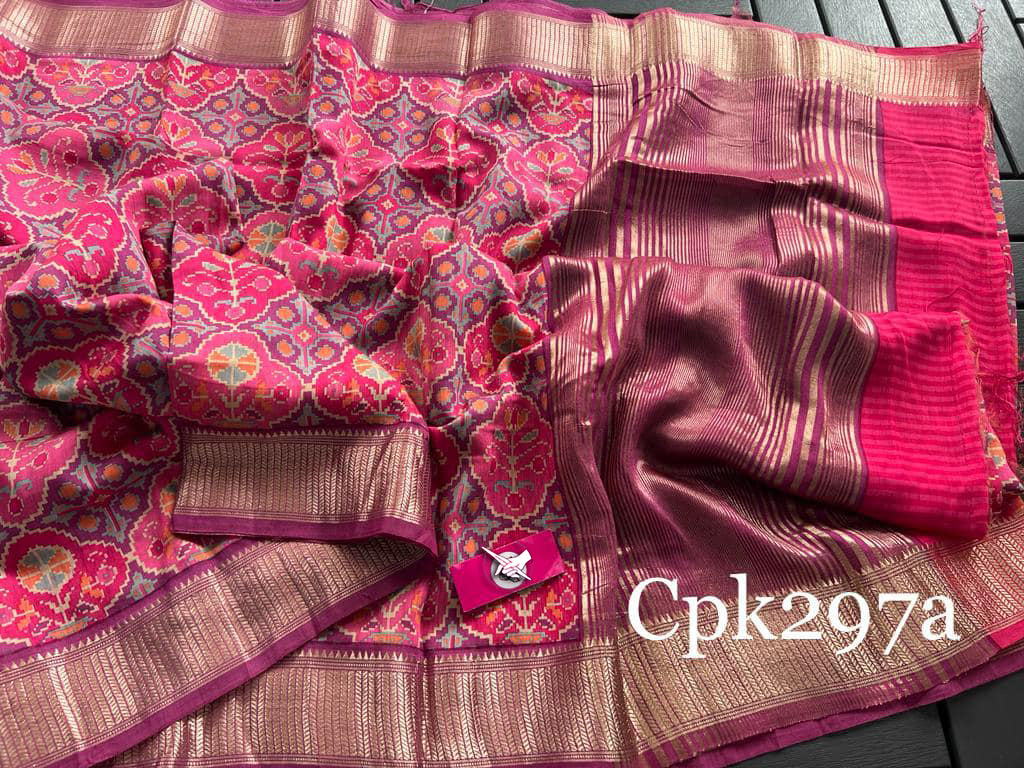 💕Tusser soft silk sarees with allover patola digital printed with zari border💕