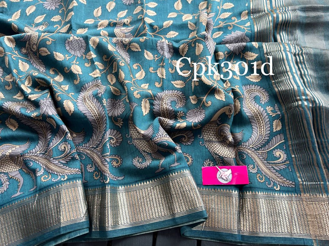 Turquoise Soft Silk Assam Pattu Saree Daily Wear With Digital Print And Woven Border