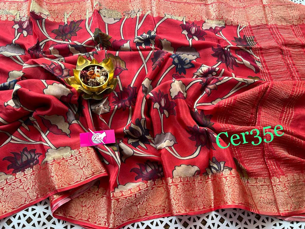 Red Color Discover the artistry of hand-painted Kalamkari saree.