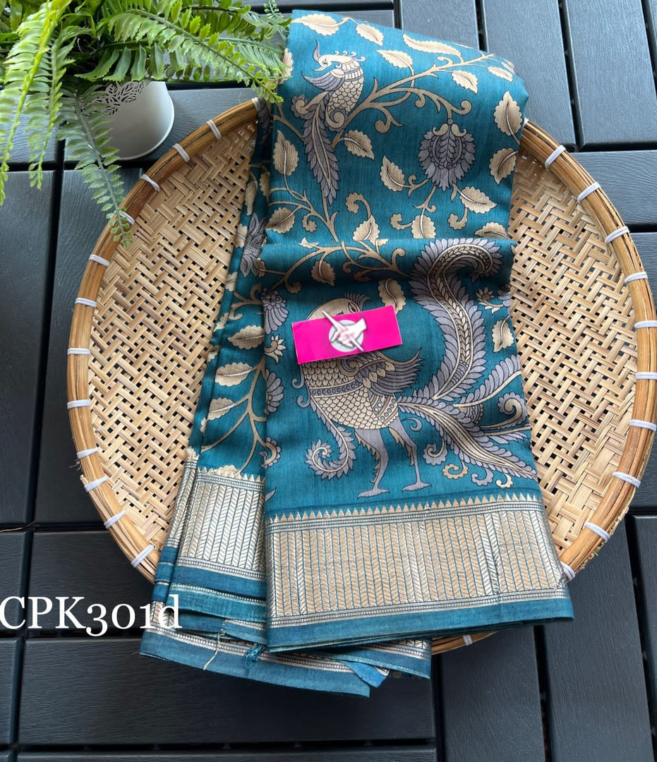 Turquoise Soft Silk Assam Pattu Saree Daily Wear With Digital Print And Woven Border