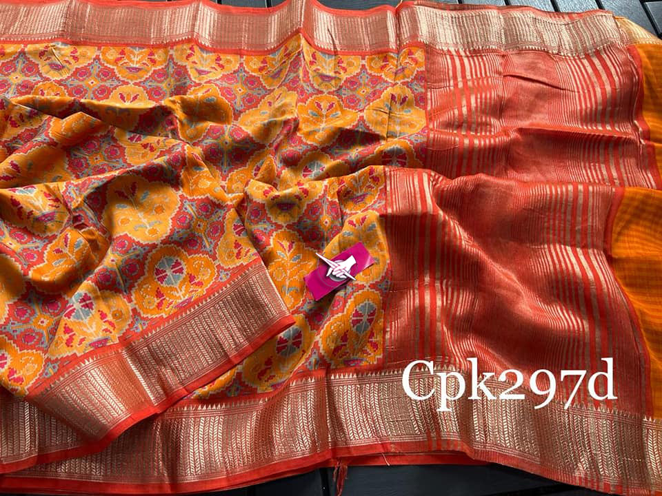 Tusser soft silk sarees with allover patola digital printed with zari border