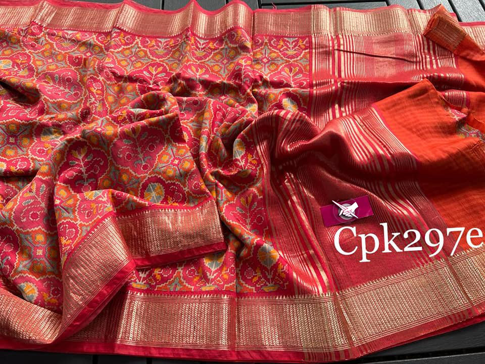 Tusser soft silk sarees with allover patola digital printed with zari border