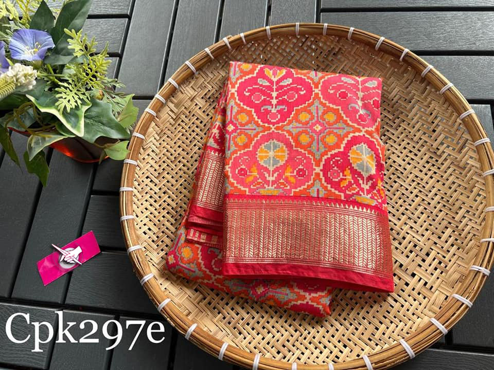 Tusser soft silk sarees with allover patola digital printed with zari border