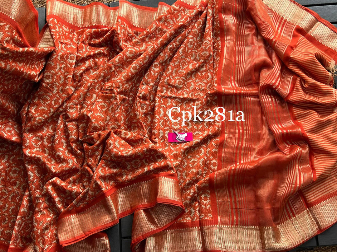 Orange Banarsi Handloom pattu Tissue Silk Saree