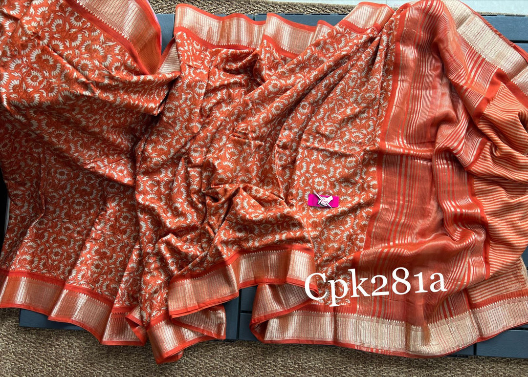 Orange Banarsi Handloom pattu Tissue Silk Saree