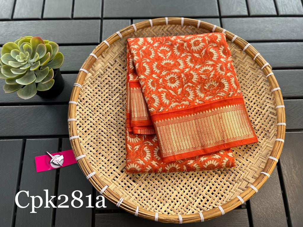 Orange Banarsi Handloom pattu Tissue Silk Saree