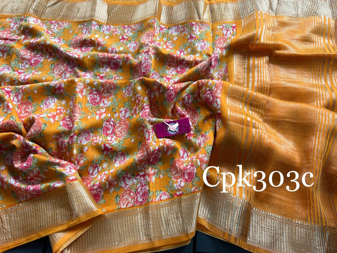 Ethnic Orange Tussar Silk Saree Lightweight With Zari Work And Print