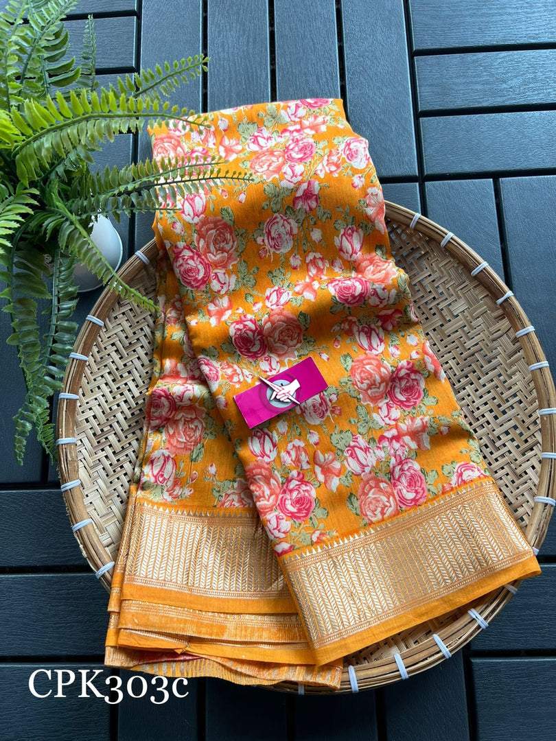 Ethnic Orange Tussar Silk Saree Lightweight With Zari Work And Print