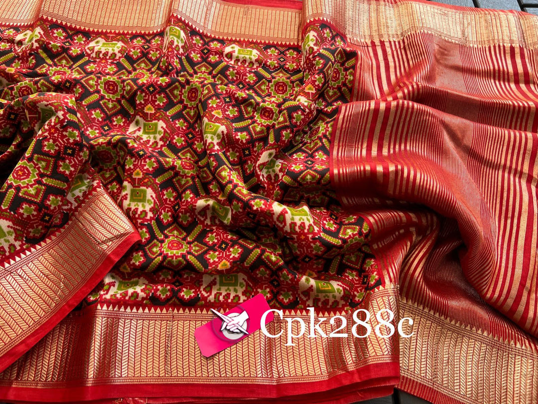 Tusser soft silk sarees with allover patola digital printed with zari border