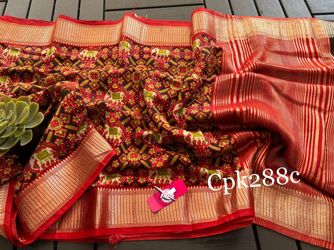 Tusser soft silk sarees with allover patola digital printed with zari border