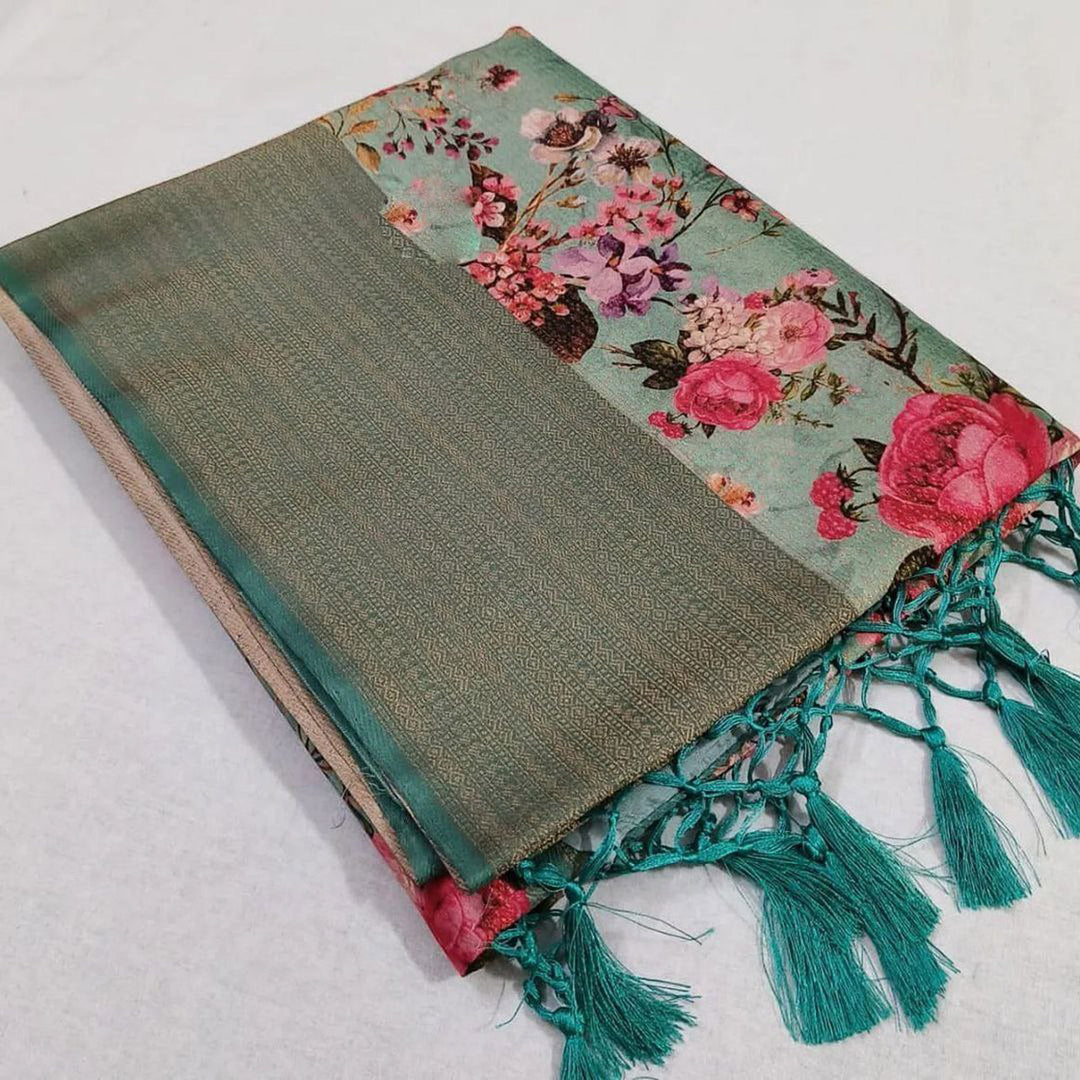 Glamorous Light Cyan Silk Drape Saree With Contemporary Digital Prints