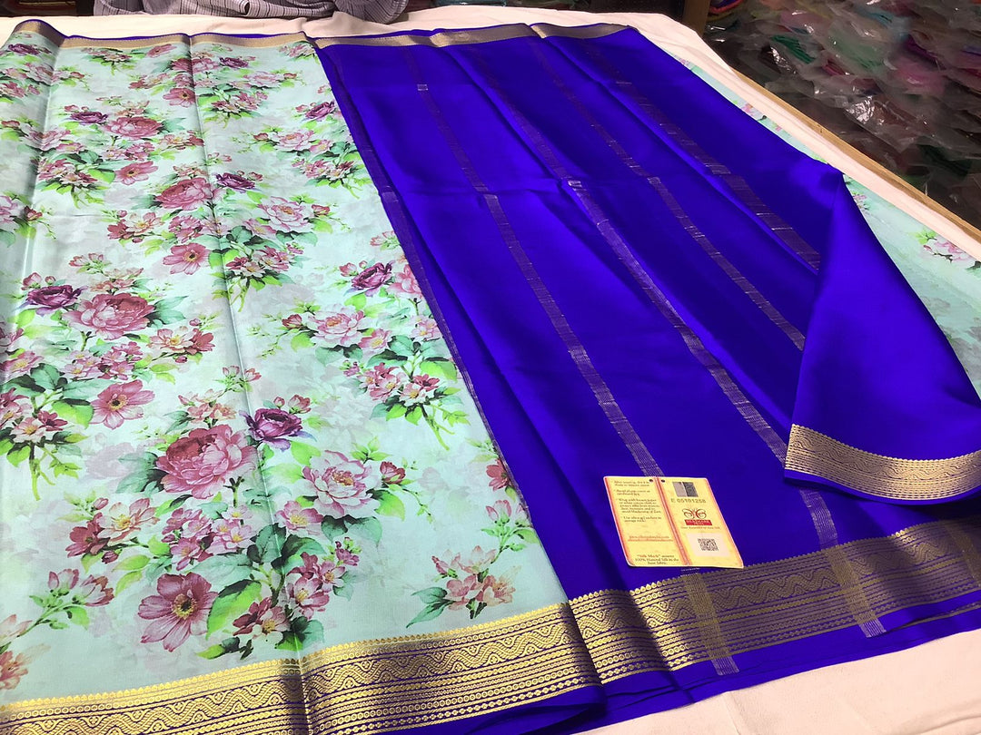 Refined Blue And White Traditional Mysore Soft Silk Saree Detailed Zari Edges