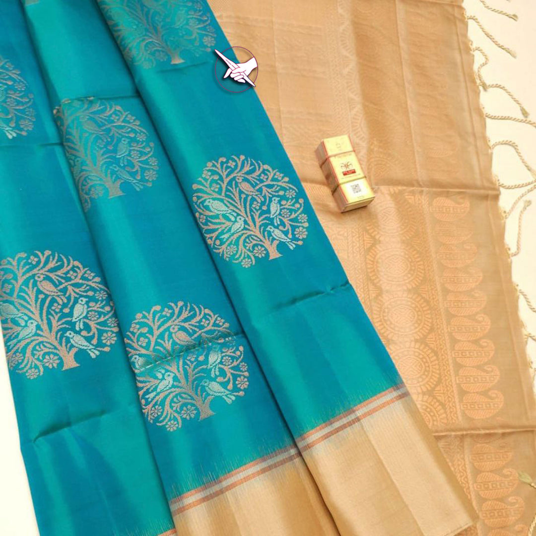 Kanchipuram Lichi Silk Cyan Saree With Beautiful Rich Pallu And Weaving Work