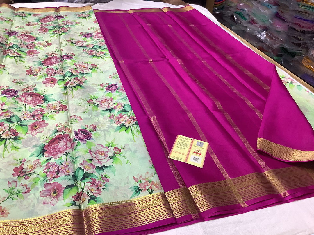 Exclusive pure crepe printed mysore silk sarees