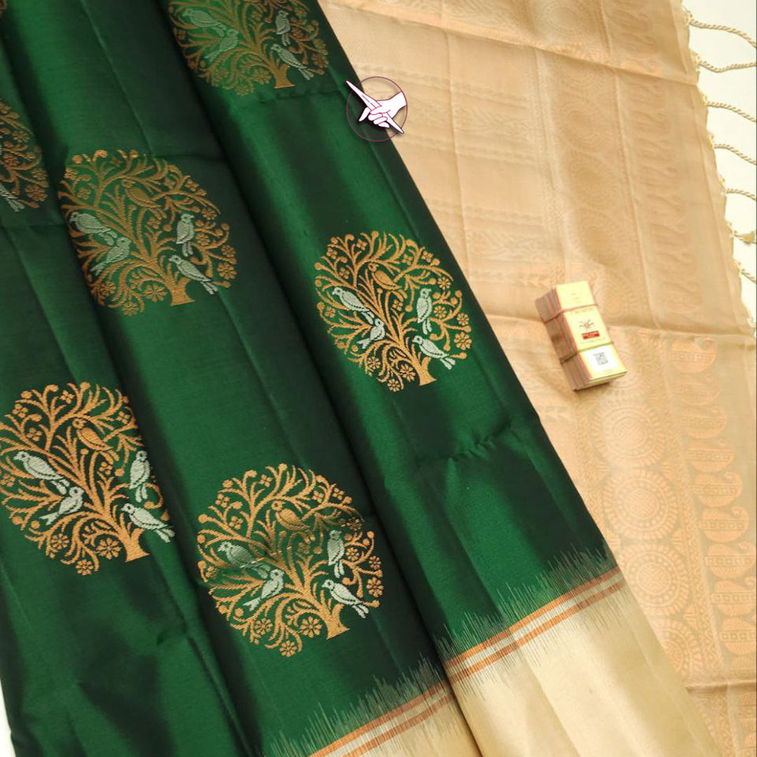 Dark Green Kanchipuram Lichi Silk Saree With Beautiful Rich Pallu And Weaving Work