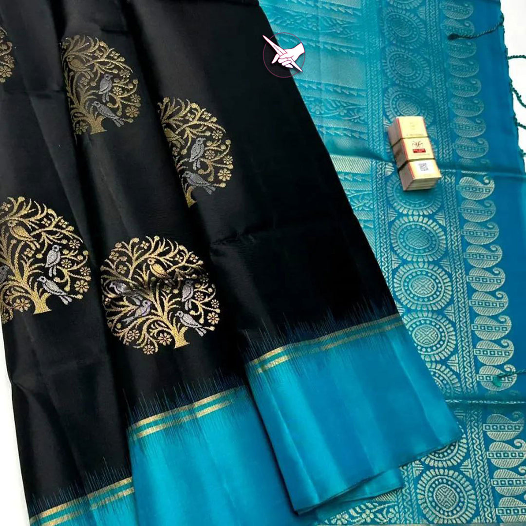 Black Kanchipuram Lichi Silk Saree With Beautiful Rich Pallu And Weaving Work