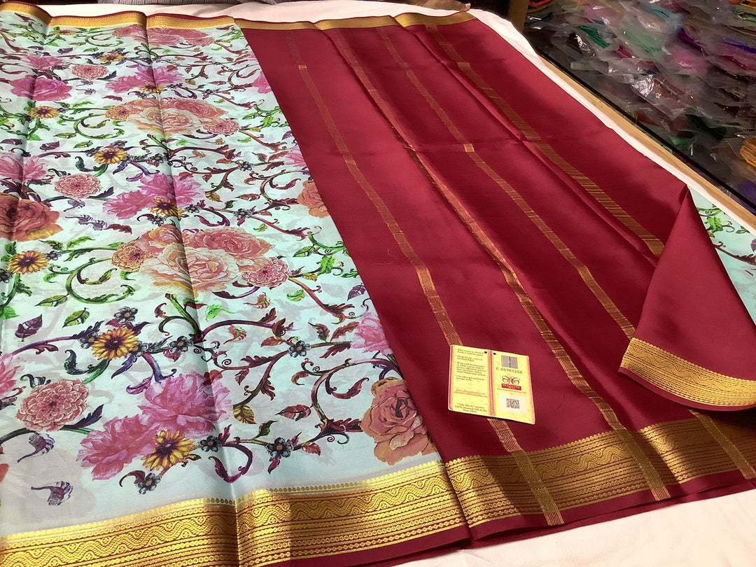 Exclusive pure crepe printed mysore silk sarees