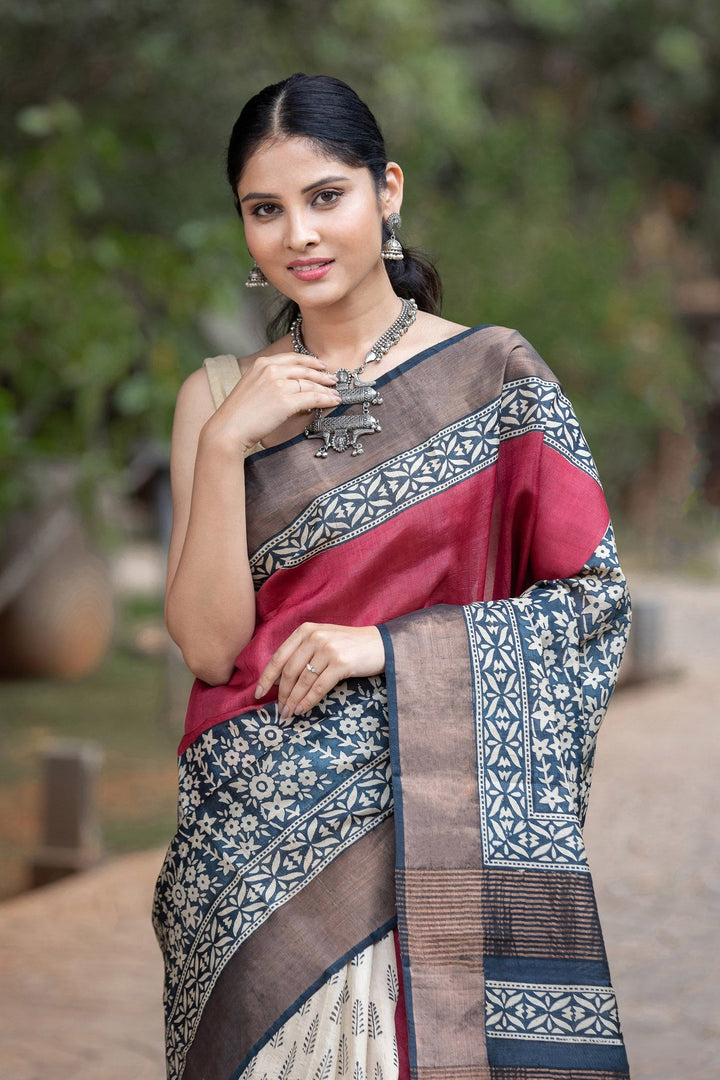 Premium Handloom Tussar Silk Saree with Kalamkari Patterns