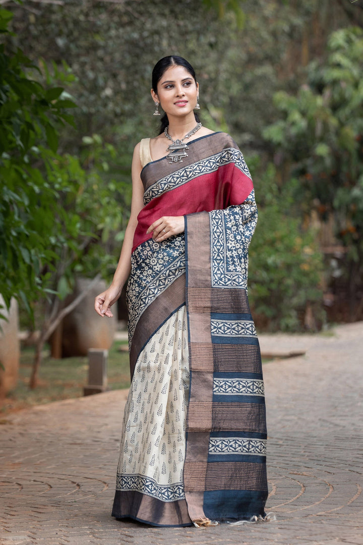 Premium Handloom Tussar Silk Saree with Kalamkari Patterns