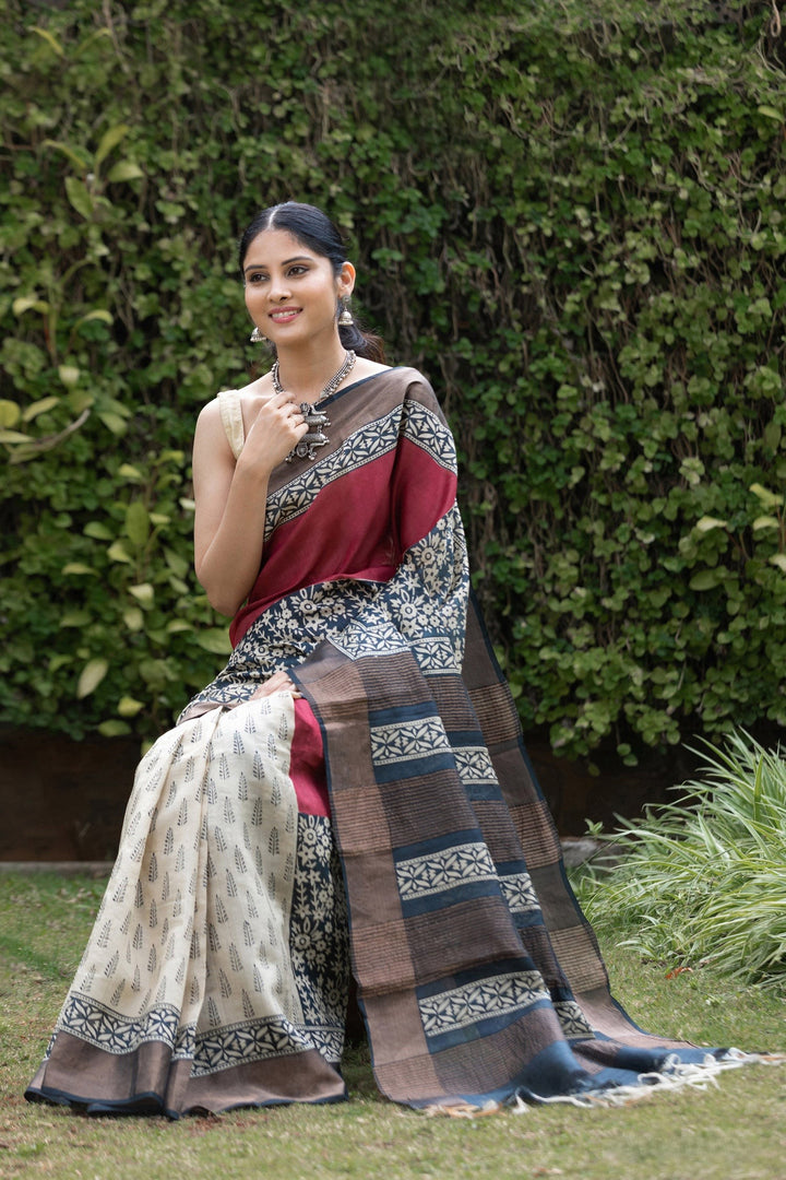 Premium Handloom Tussar Silk Saree with Kalamkari Patterns