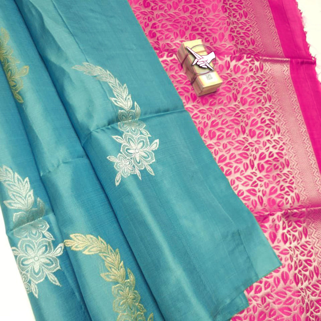 Cyan Premium Quality Silk Pure Gold And Silver Zari Big Meena Work Buttas All Over Saree