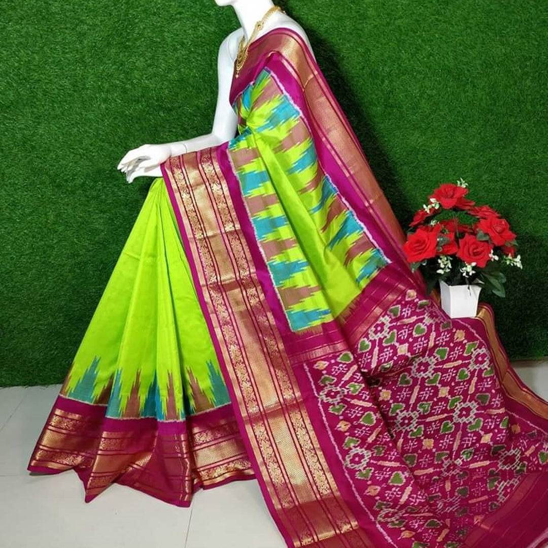 Green Zari Kanchi Border Plain Saree With Patola Design Blouse