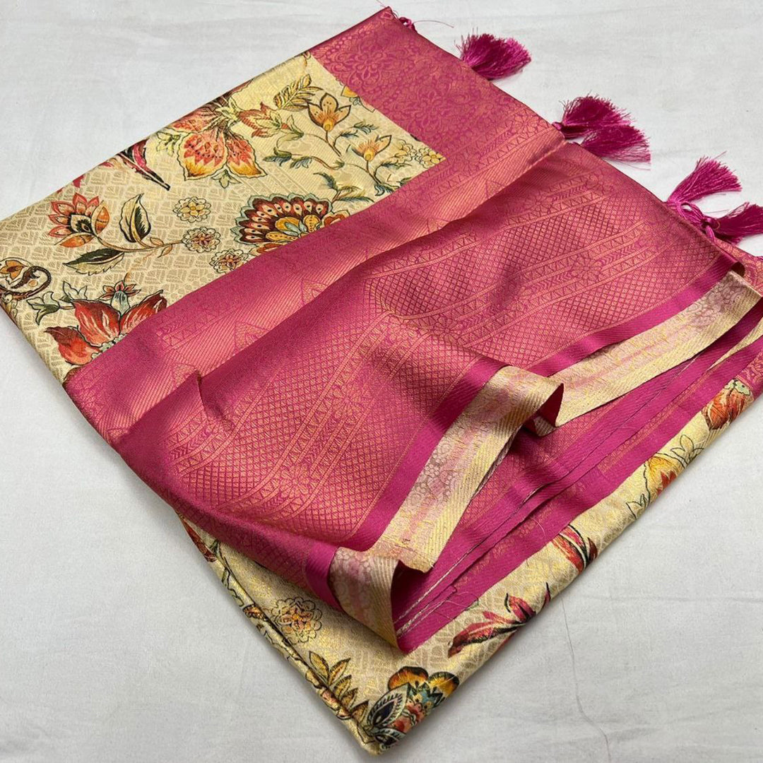 Beige Color Soft Silk Digital Print Saree