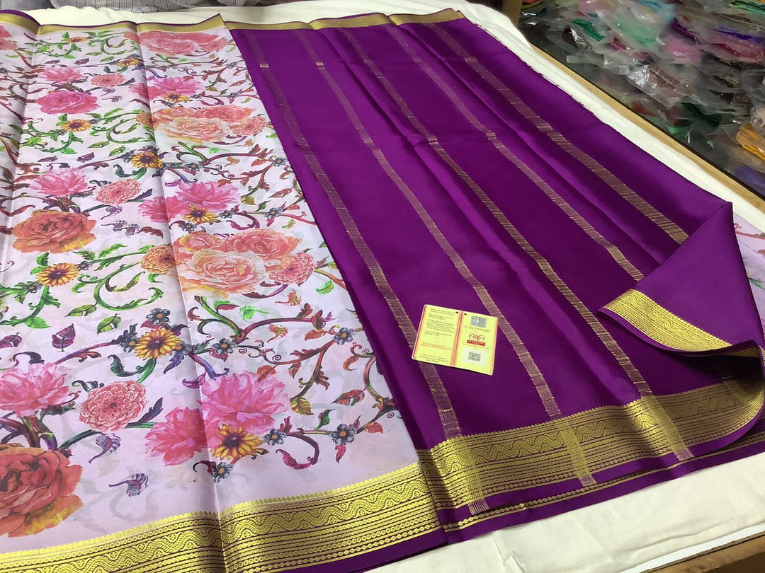 Exclusive pure crepe printed mysore silk sarees