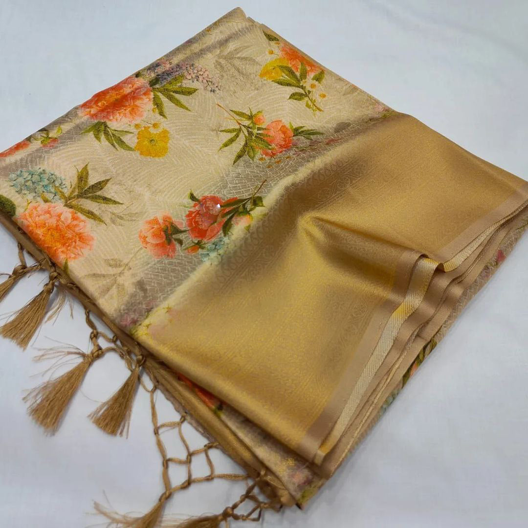 Golden Color Soft Silk Fancy Digital Print Saree