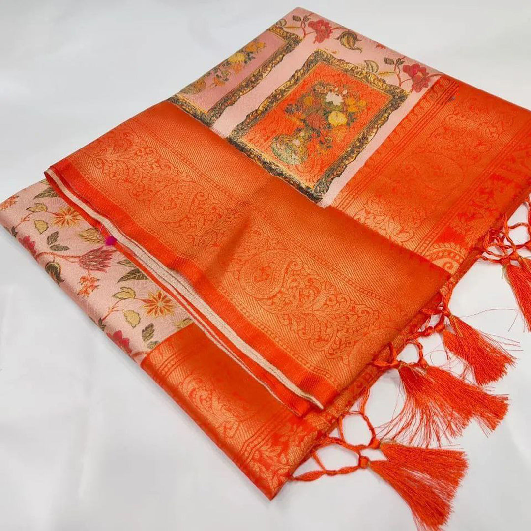 Delightful Peach Color Digital Printed Rich Pallu Soft Silk Party Wear Saree