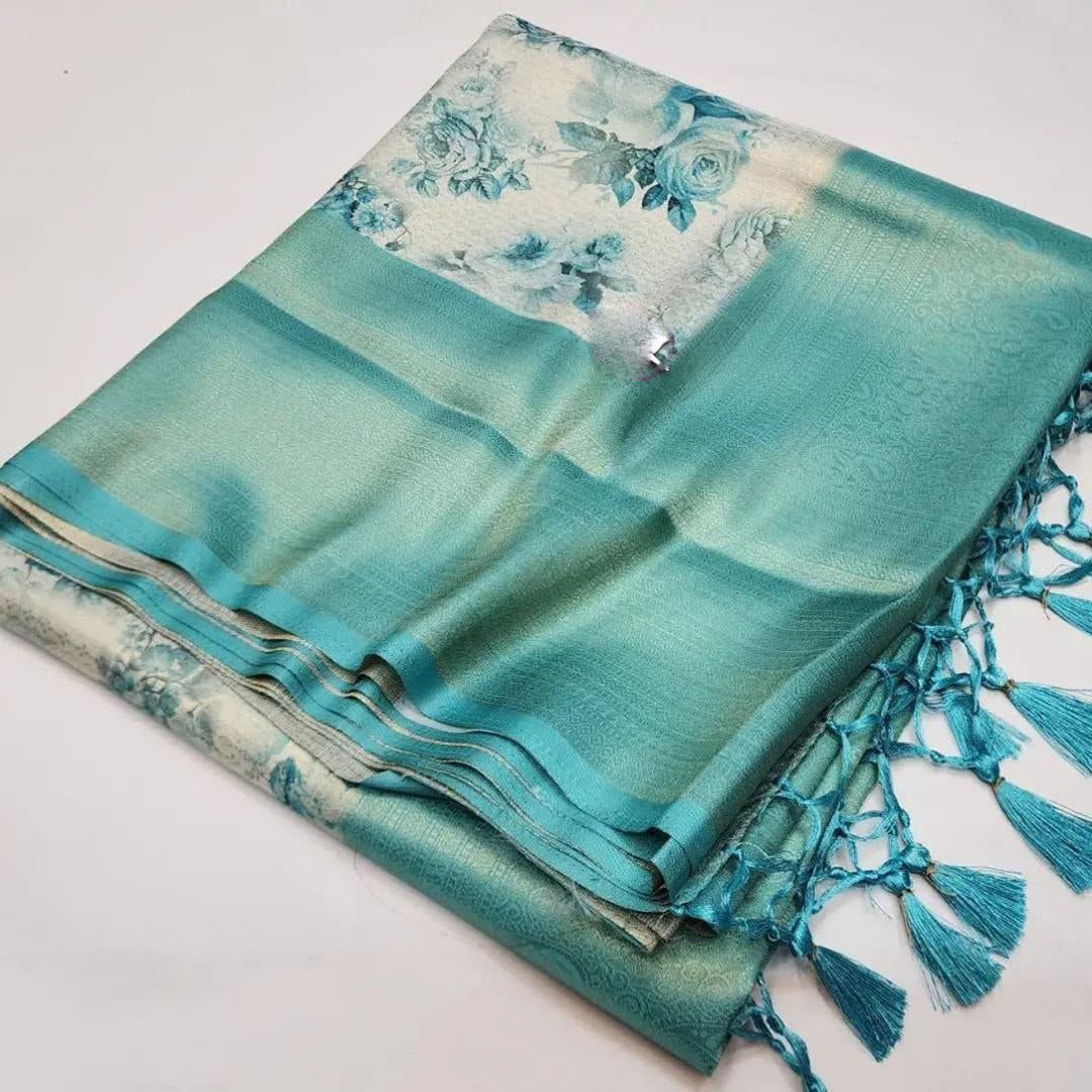 Cyan Color Party Style Soft Silk Fabric Dazzling Digital Printed Saree