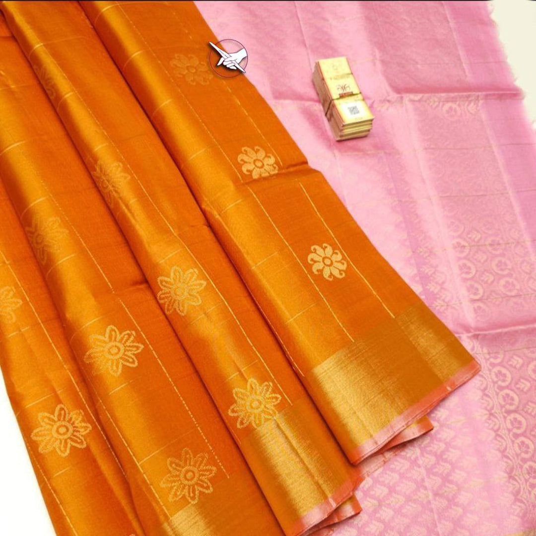 Orange Kanchipuram Lichi Silk Saree With Beautiful Pallu