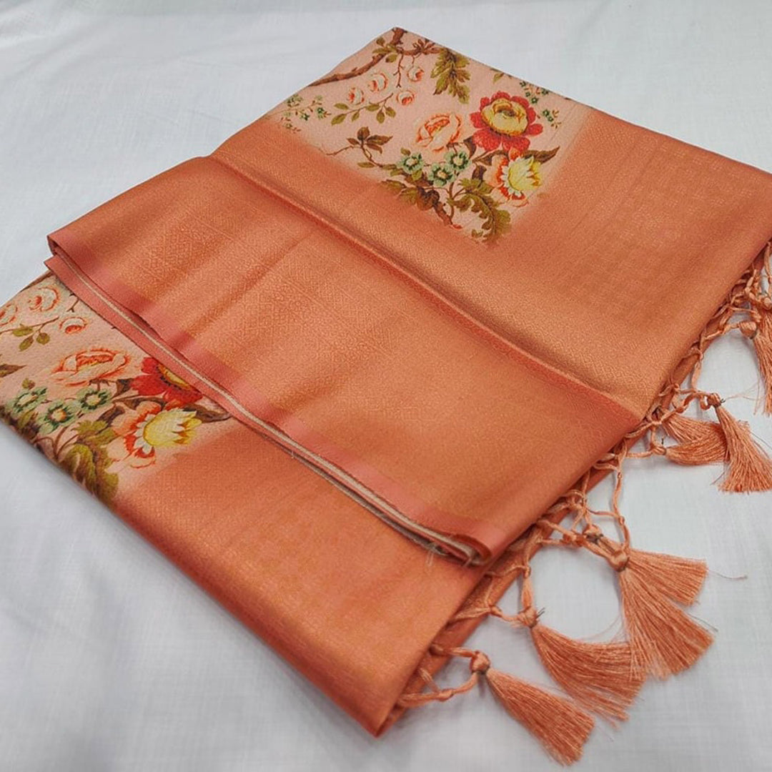 Soft Silk Orange Color Digital Printed Saree