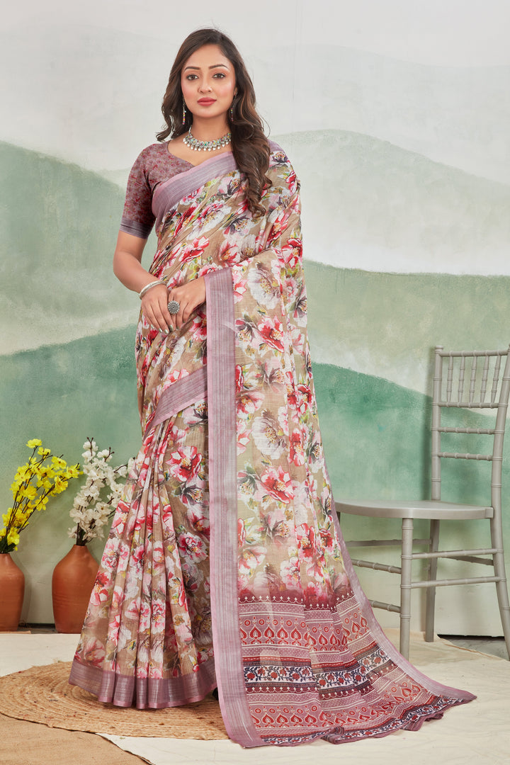 Soft Beige With A Gorgeous Nature Inspired Print Linen Saree