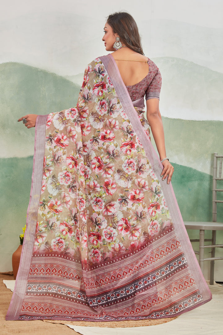 Soft Beige With A Gorgeous Nature Inspired Print Linen Saree
