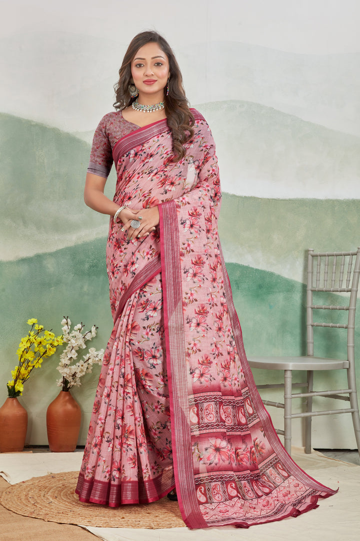 Elegant Dark Pink Ikkat Handloom Silk Saree Traditional Ethnic Wear
