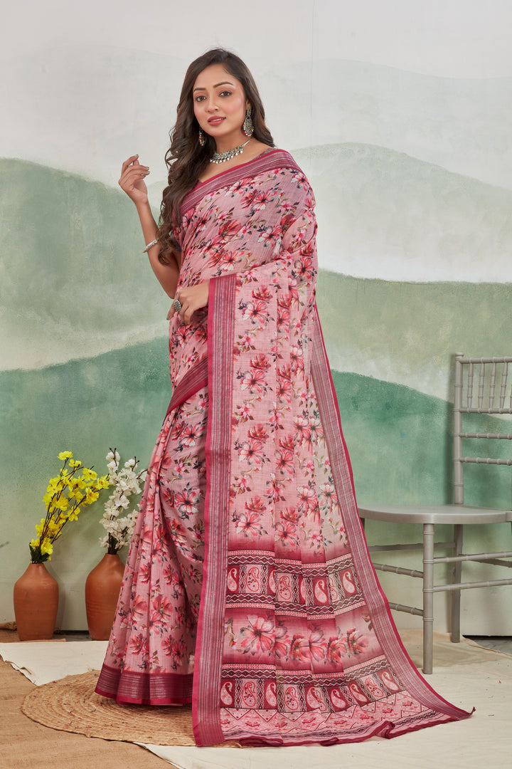 Elegant Dark Pink Ikkat Handloom Silk Saree Traditional Ethnic Wear