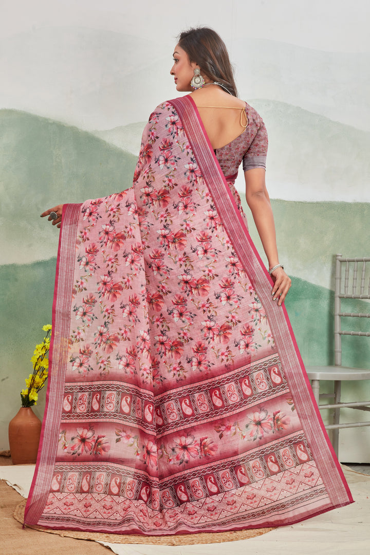 Elegant Dark Pink Ikkat Handloom Silk Saree Traditional Ethnic Wear